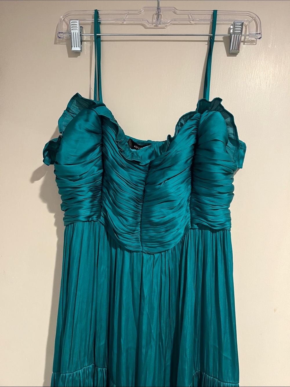 Aqua Peacock Satin Ruched Evening Dress